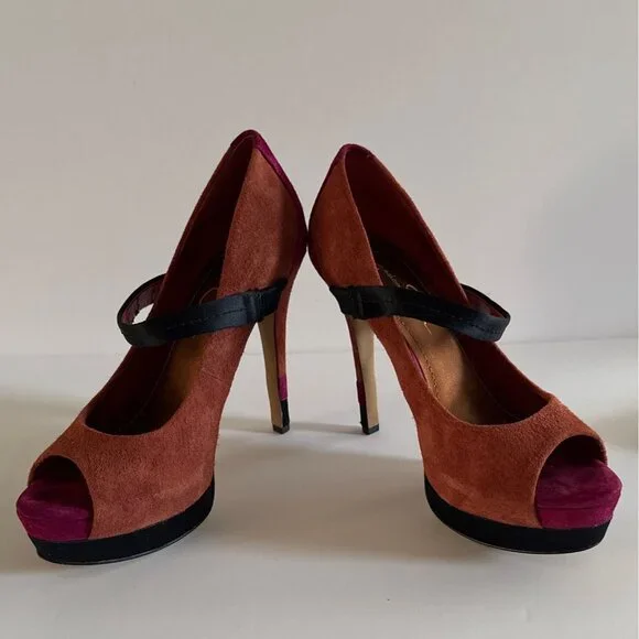 Women’s Suede Peep Toe Heels Size 8.5 M Orange Black Pink Color block Formal - Picture 6 of 14